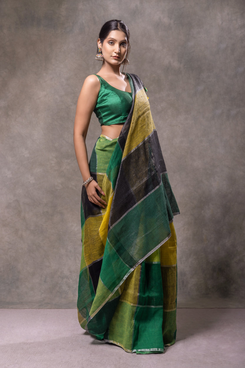 Woman wearing a green saree with a gray background