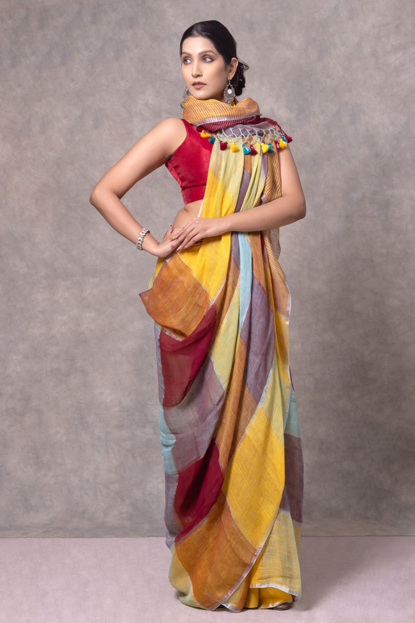 Woman wearing a colorful saree with a red blouse against a gray background