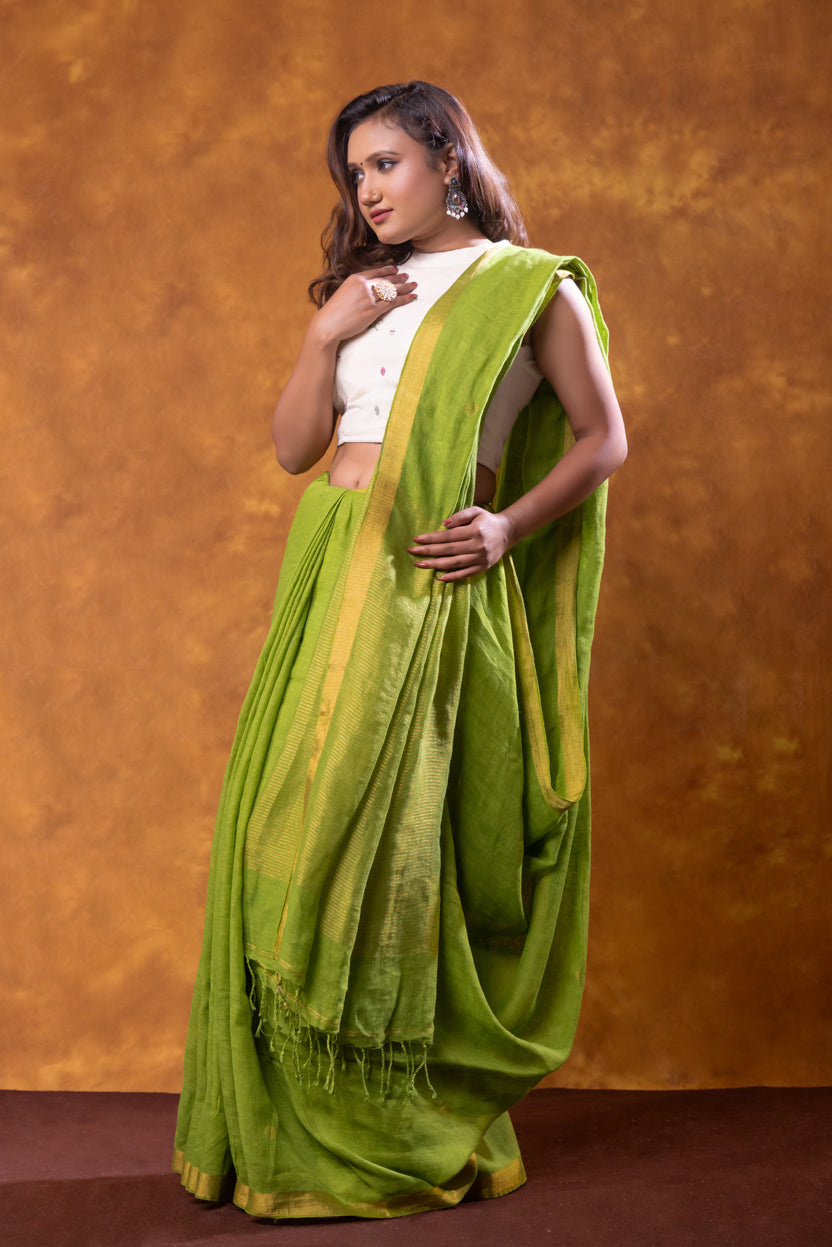 Woman wearing a green saree with a white blouse against a brown background