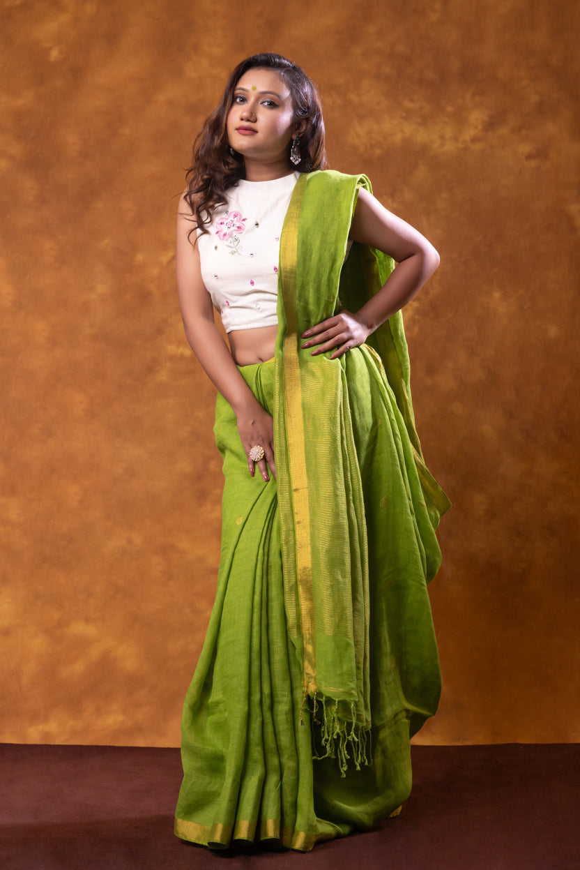 Woman wearing a green saree with a yellow border against a brown background