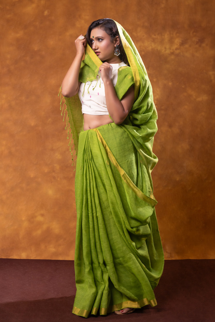 Woman wearing a green saree with a white blouse against a brown background