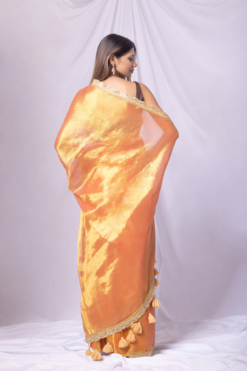 Woman wearing an orange saree with a white background