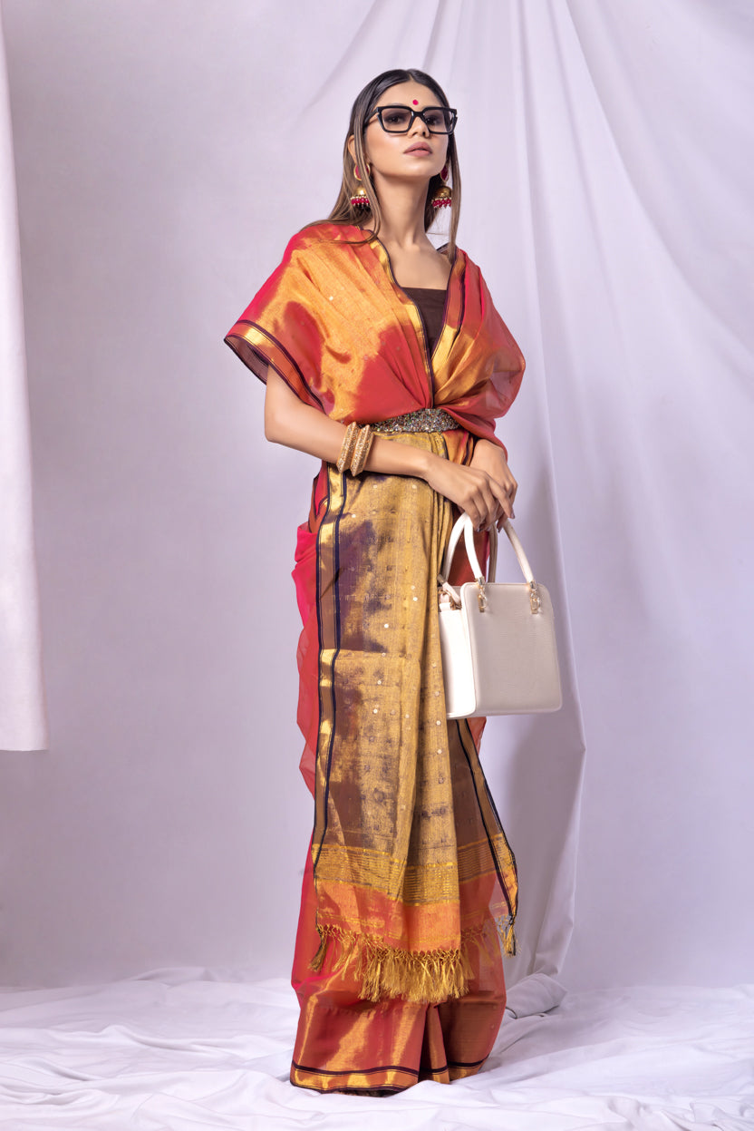 Woman wearing a colorful saree with a white background