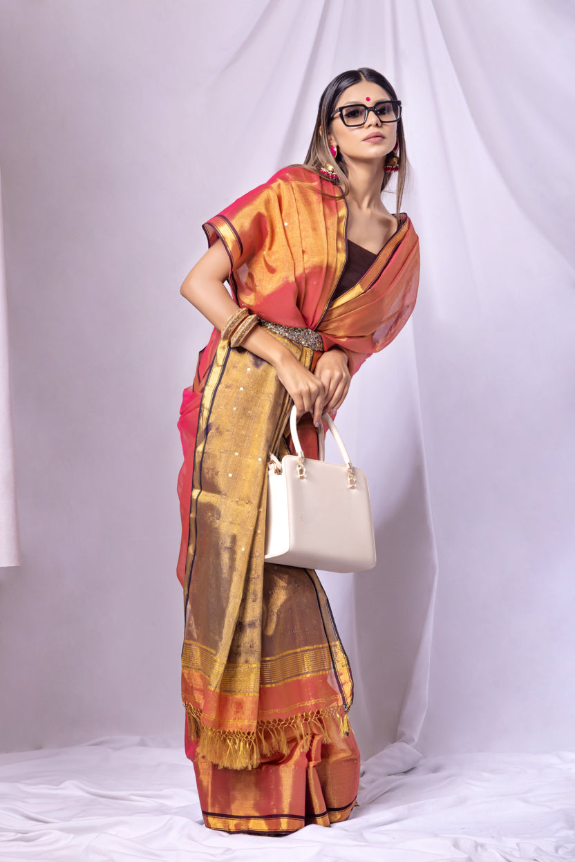 Woman wearing a traditional saree with a white background