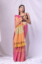 Woman wearing a colorful saree with a white background