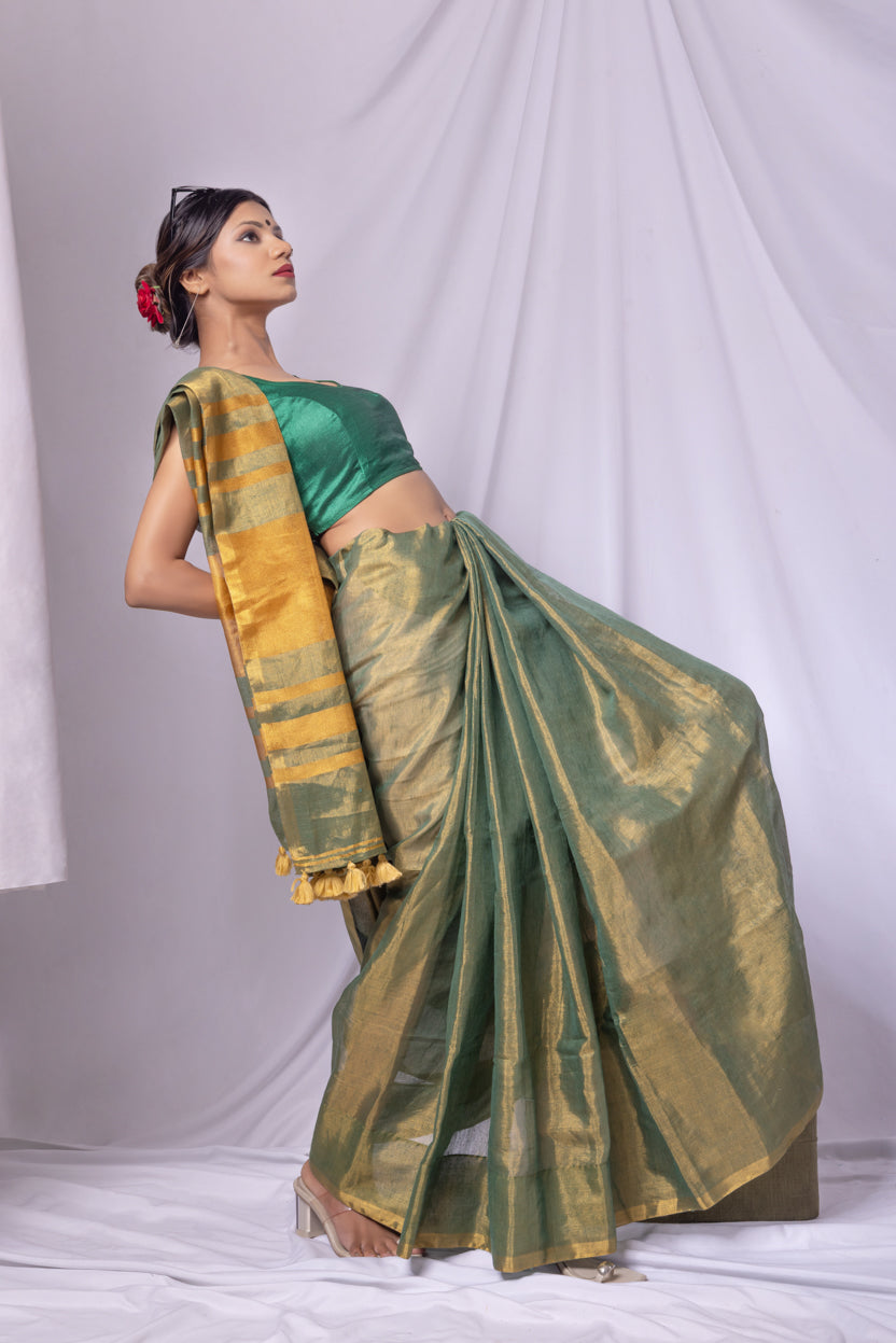 Lightweight linen tissue saree with classic striped pallu