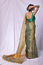 Minimal linen tissue saree with contrast striped pallu