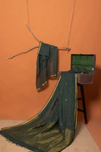 Evergreen Loom-Linen Silk Saree in Dark Green with Zari Jamdani Botti & Pallu
