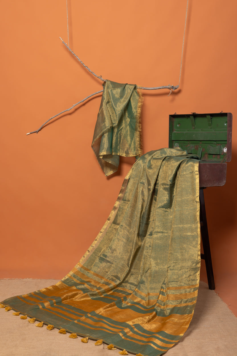Forest Gold-Linen Tissue Saree in Dark Green with Golden Yellow Striped Pallu
