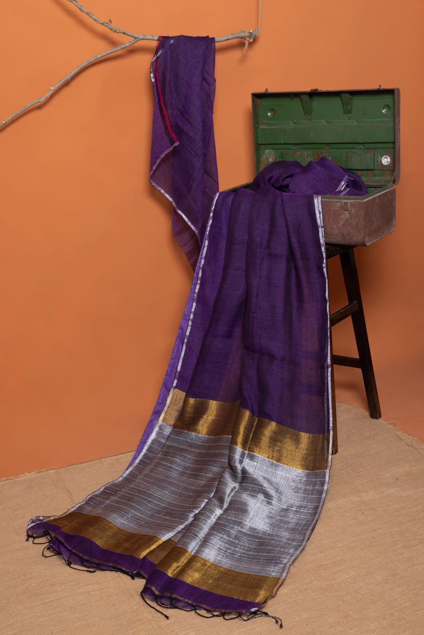 Amethyst-Purple Linen Saree with Silver & Copper Zari Pallu and Sequin Detailing