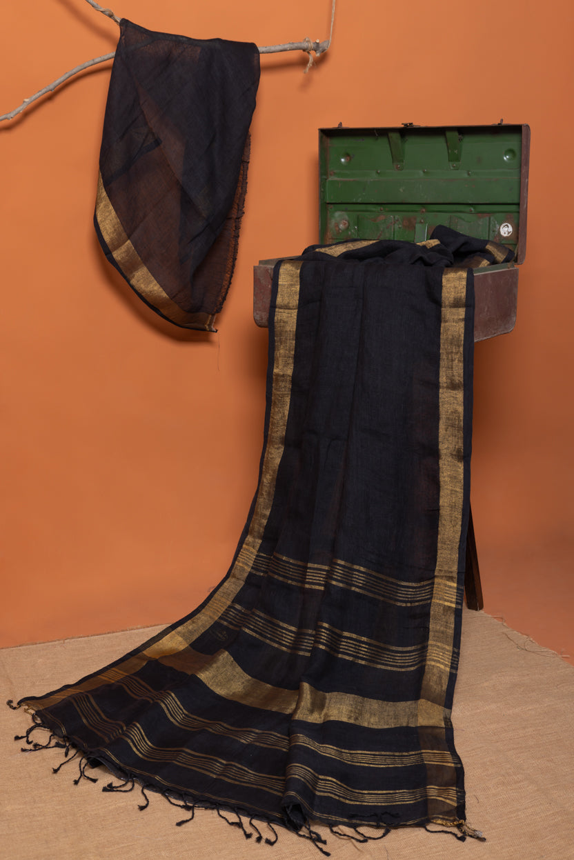 Trikalaa Noir Gold Linen Handloom Saree with Subtle Gold Border and Pallu
