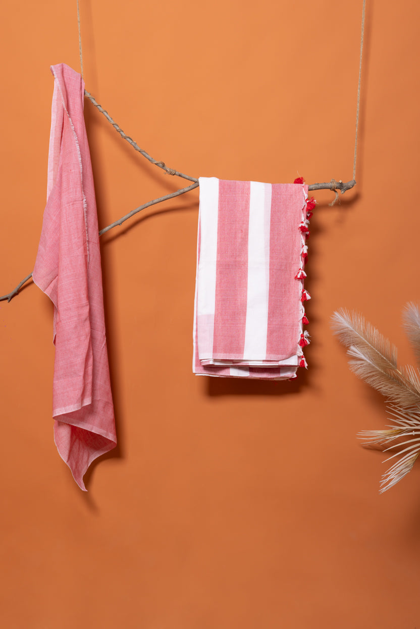 Khadi Cotton Saree with Bold Vertical Stripes in Soft Rose and ivory tones and tassel Pallu