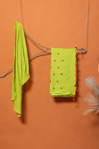 Mehandi Manjari--Cotton saree in Mehandi green with red hearts embroidery