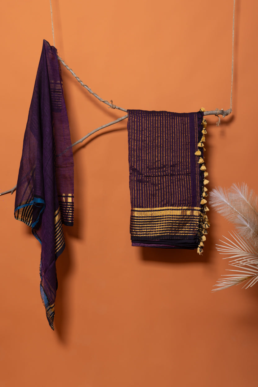 Deep Purple Loom-dark purple pure linen saree with gold striped pallu, border, and tassels