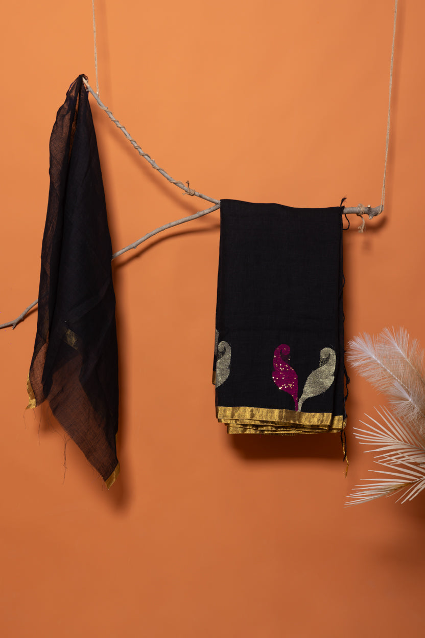 Trikalaa Noir Gulmohar Handloom Linen Saree with Handwoven Motifs in Antique Gold and Deep Wine