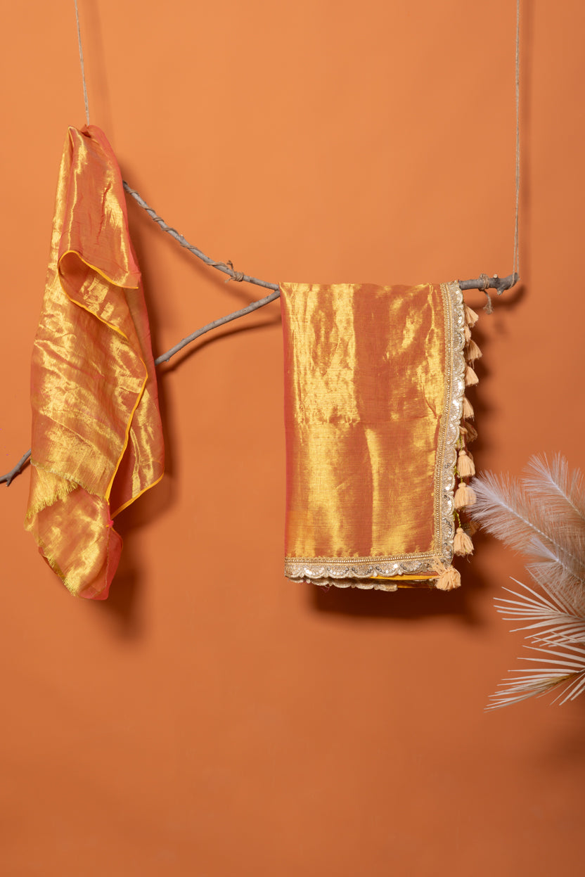 The Golden Veil-Gold Mul Tissue Saree with Gold Lace Border