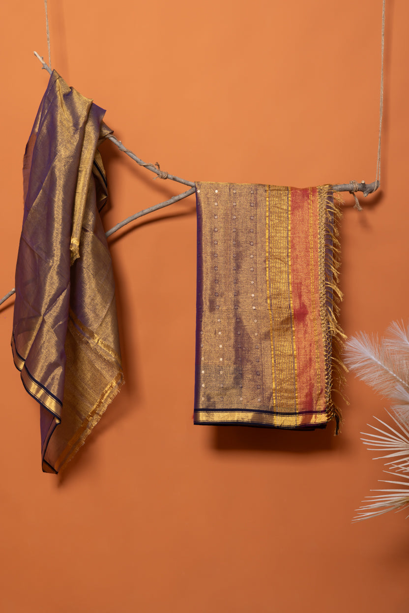 Amber Dusk-Linen Tissue Saree in Golden Rust with Sequins & Purplish-Gold Border
