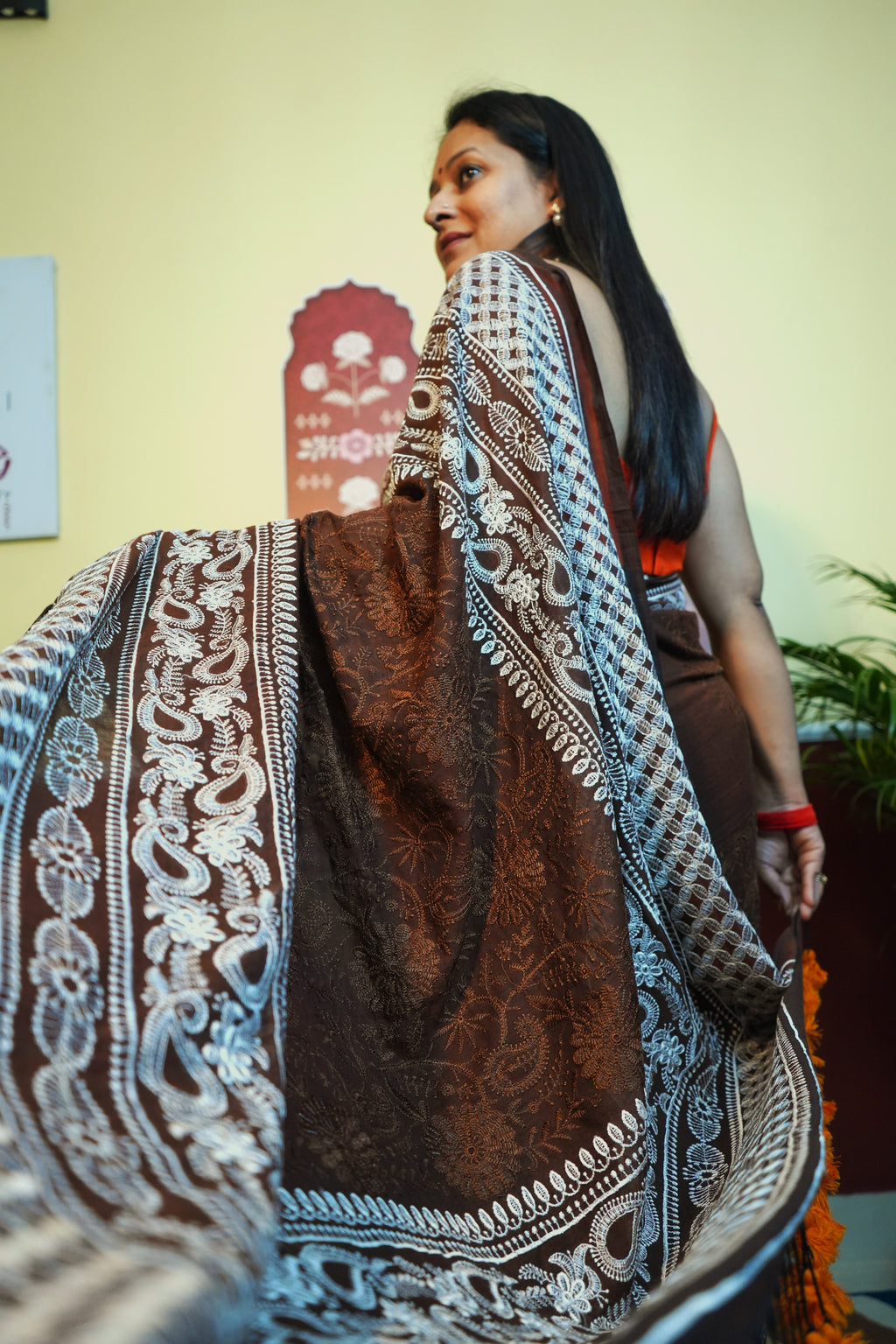 Cocoa Chikankari Mulmul Saree