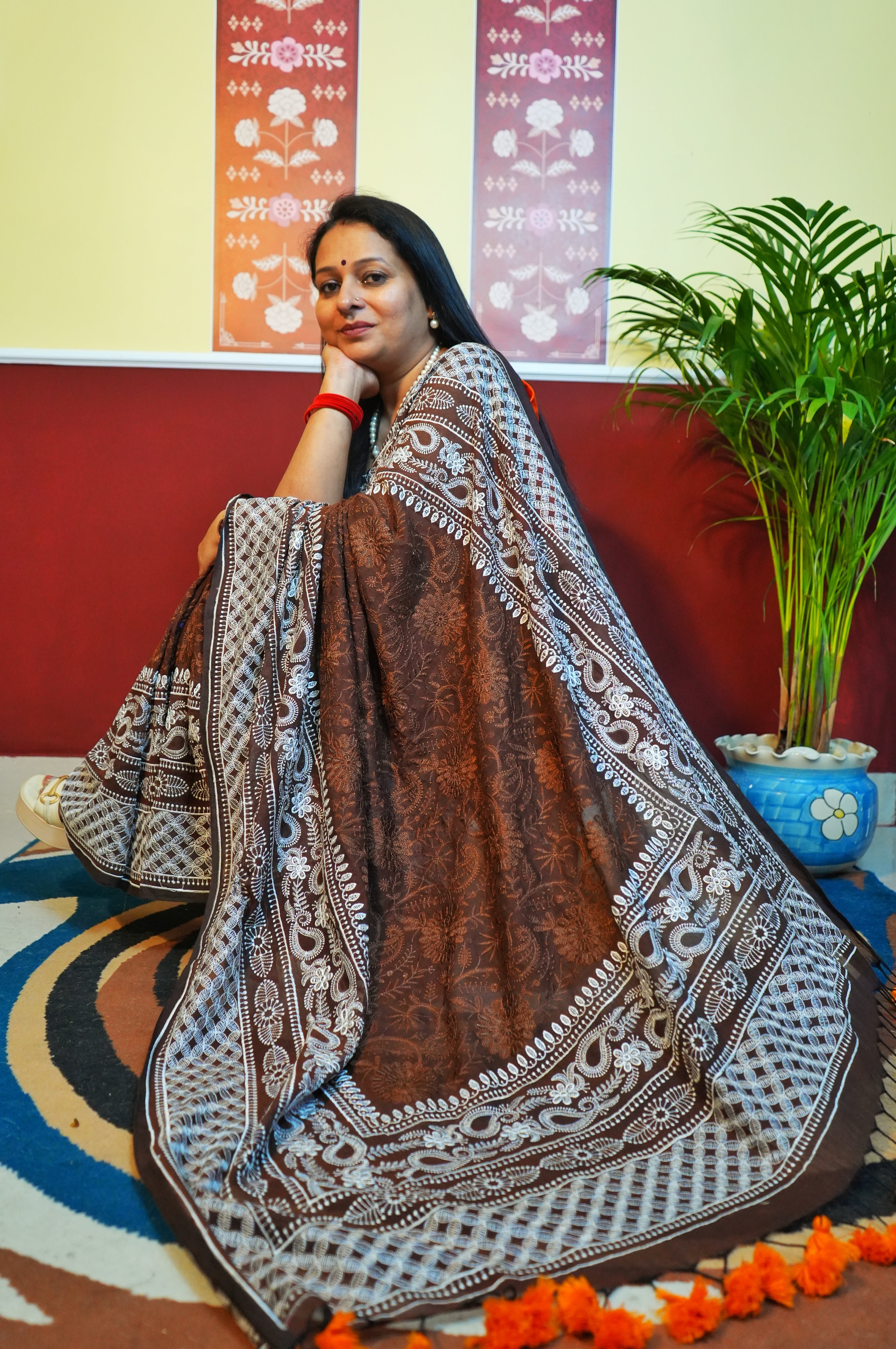 Cocoa Chikankari Mulmul Saree