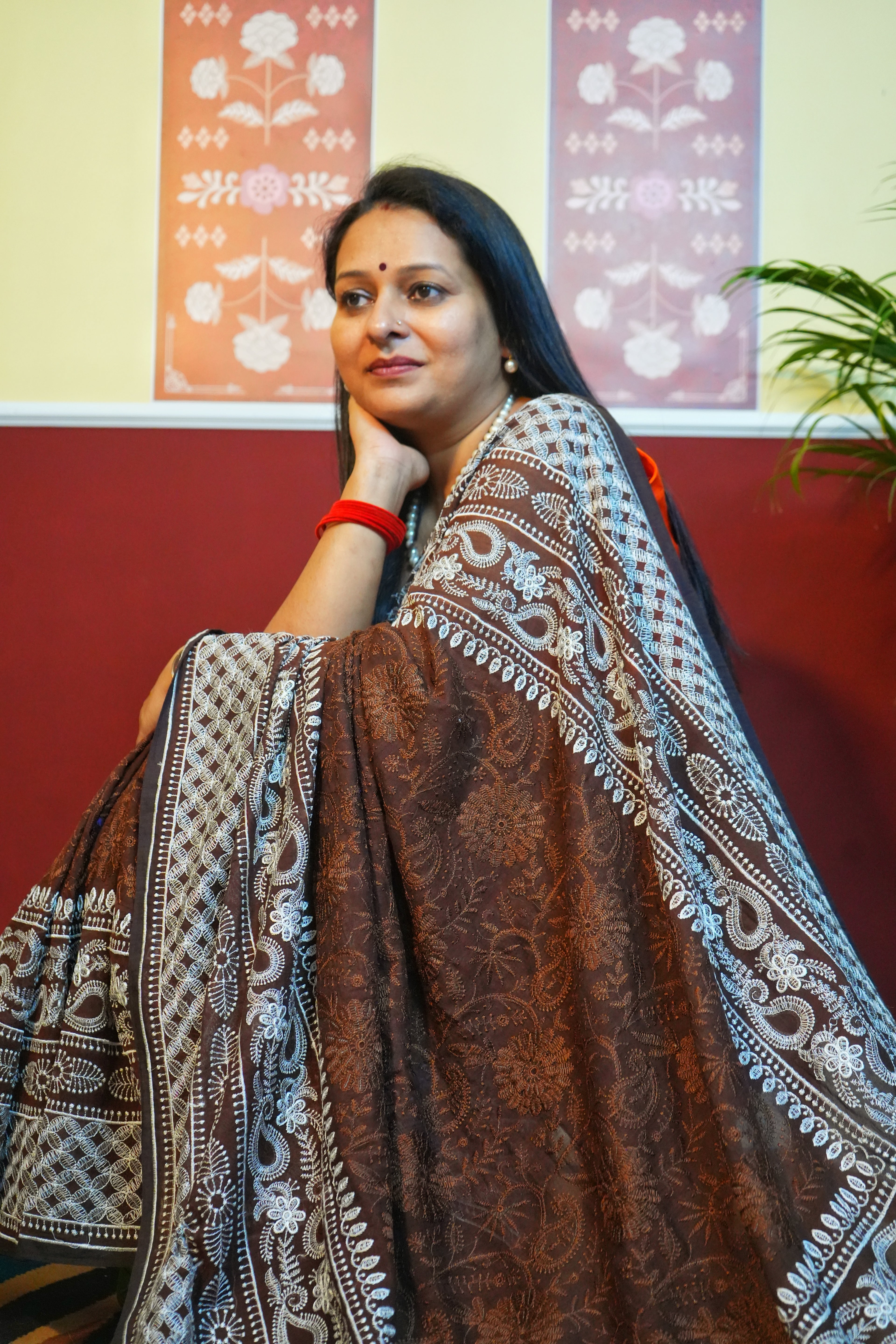 Cocoa Chikankari Mulmul Saree