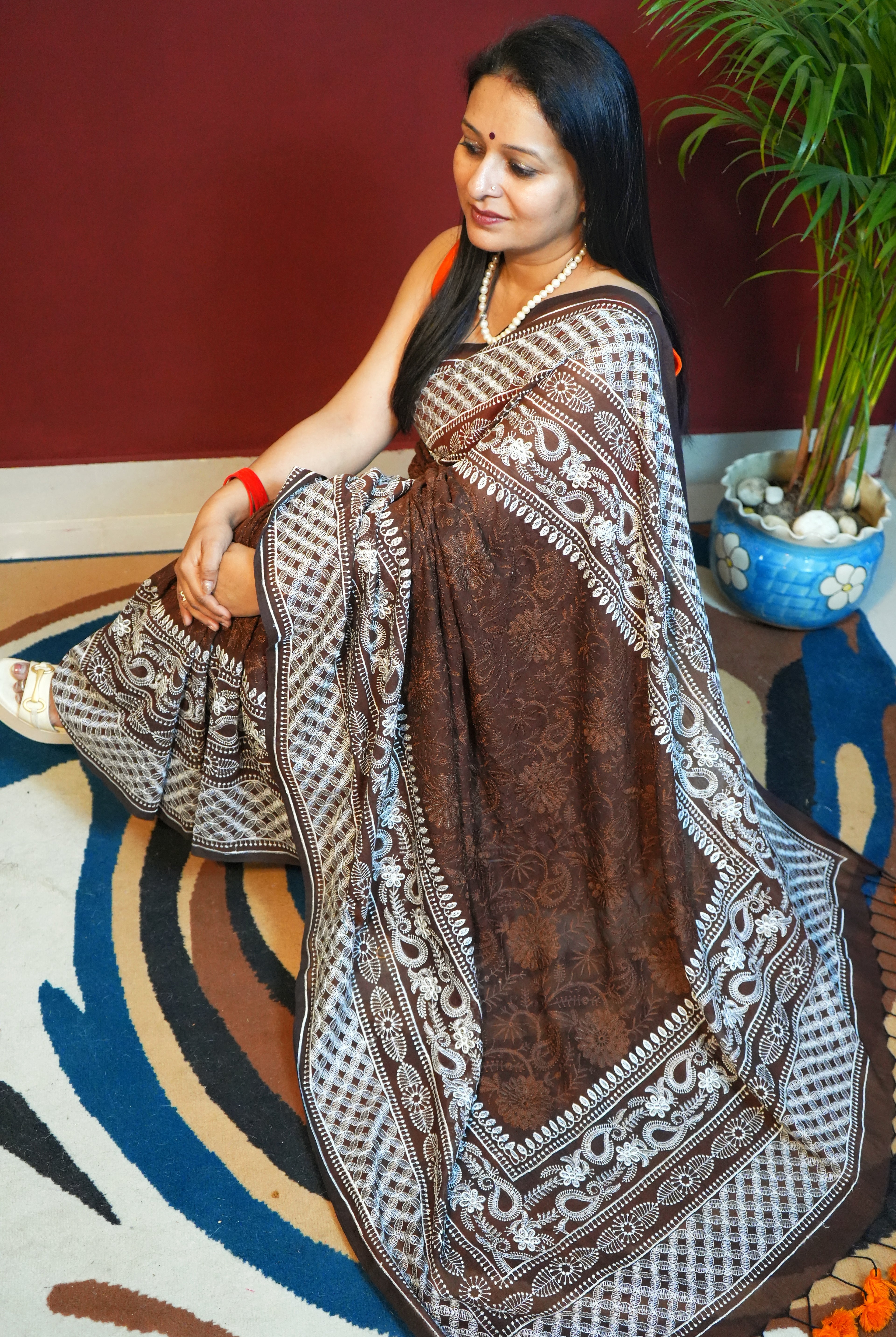 Cocoa Chikankari Mulmul Saree