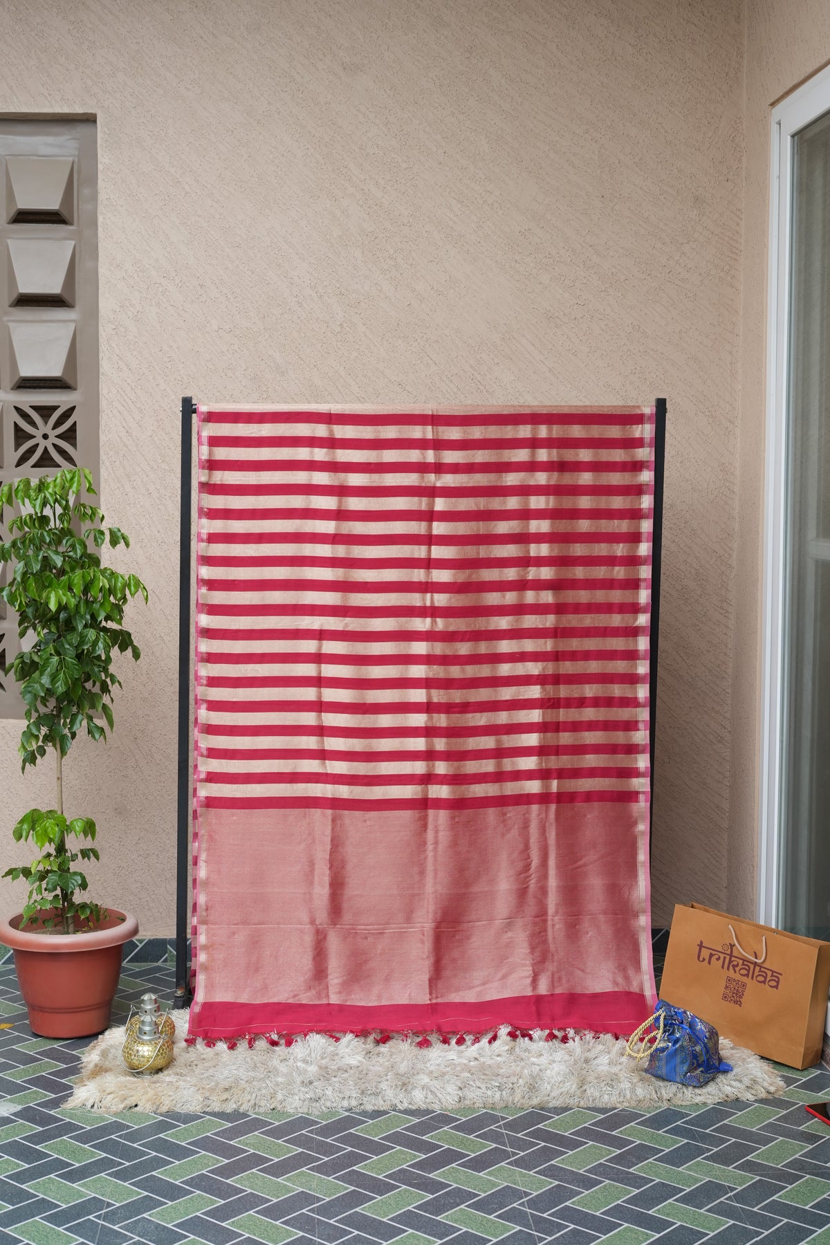 Trikalaa Red Munga Silk Stripes