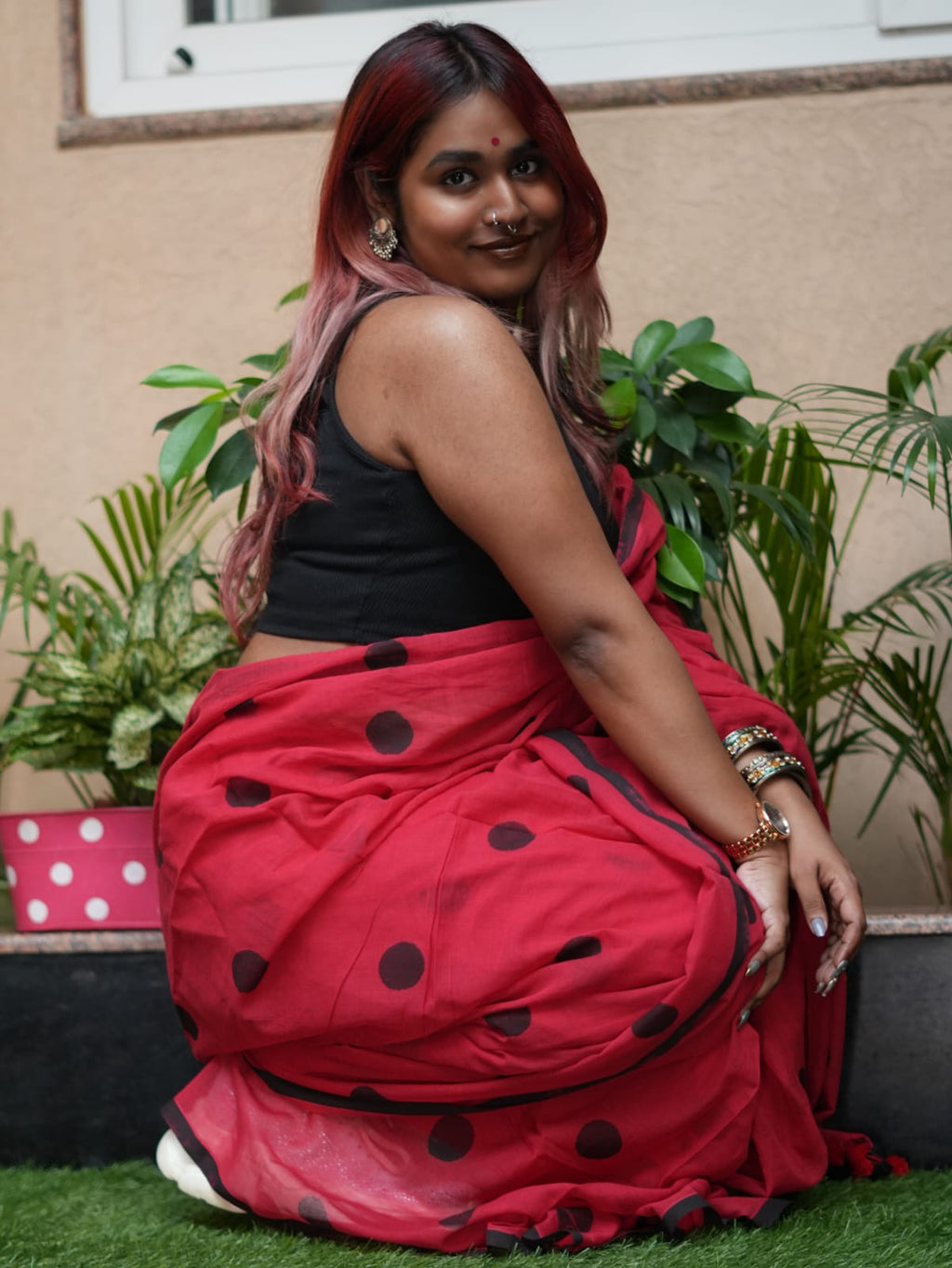 Laal Noor Polka Mulmul Saree