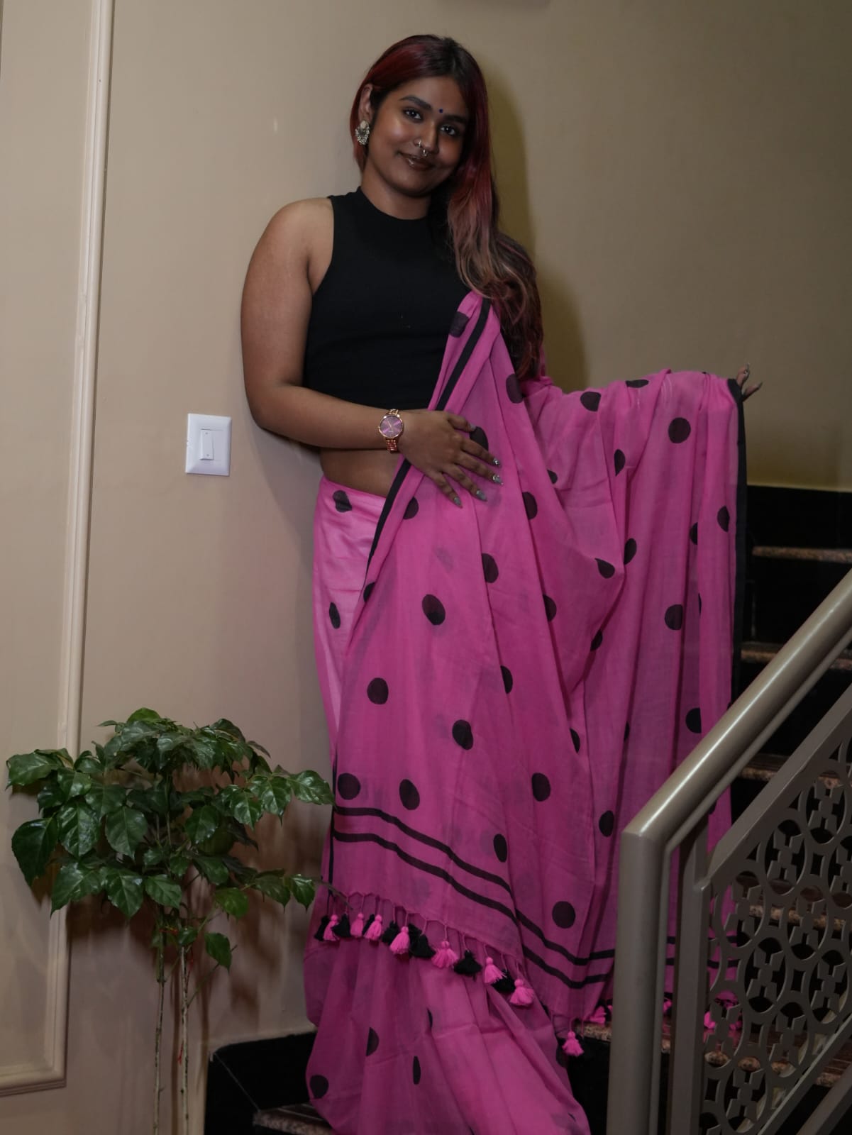 Gulaabi Polka Handloom Mulmul Saree