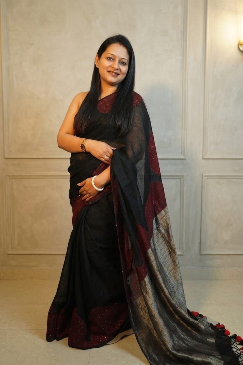 Moonlit Black-Linen Silk Half Moon embroidery