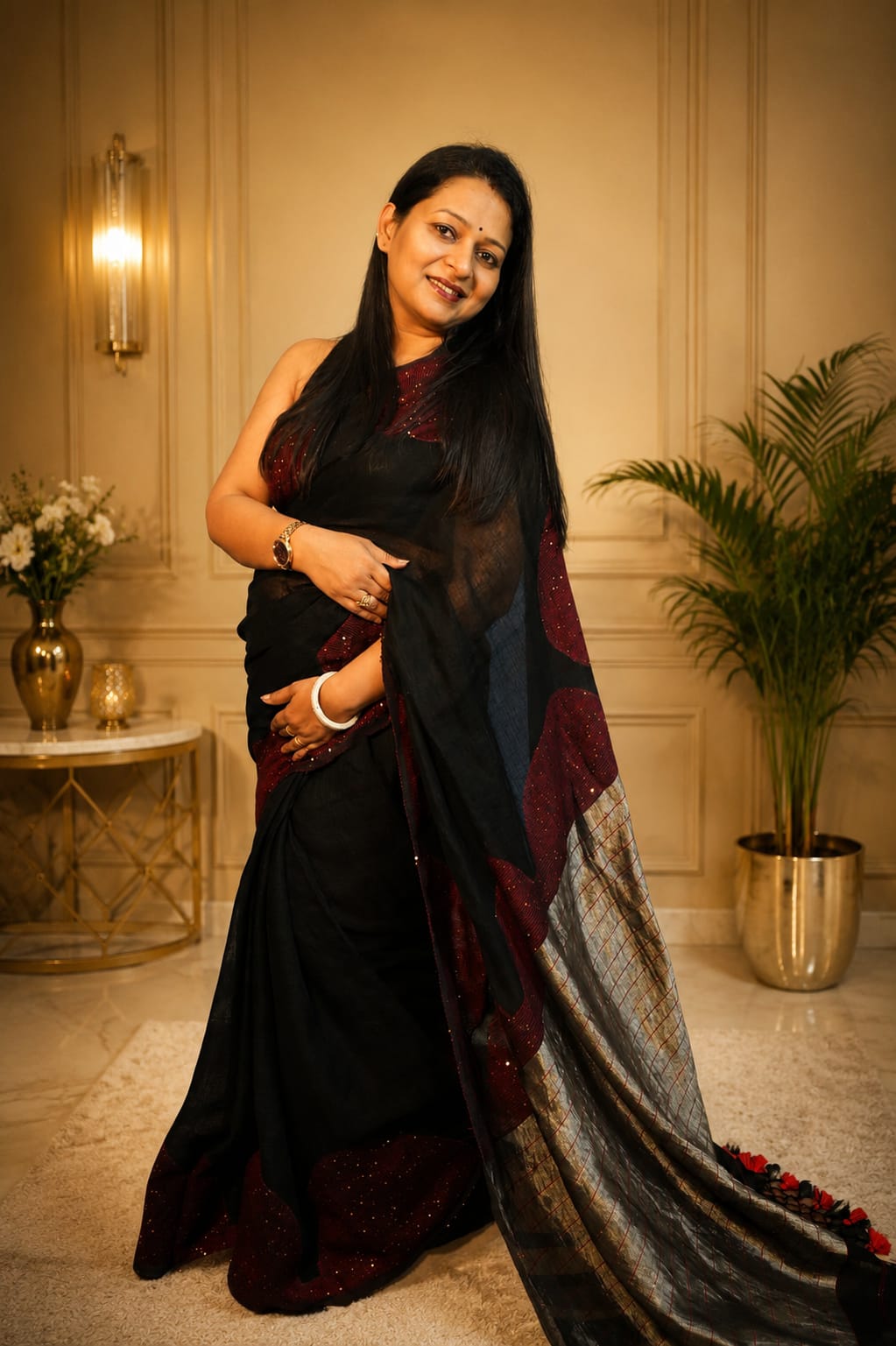 Moonlit Black-Linen Silk Half Moon embroidery