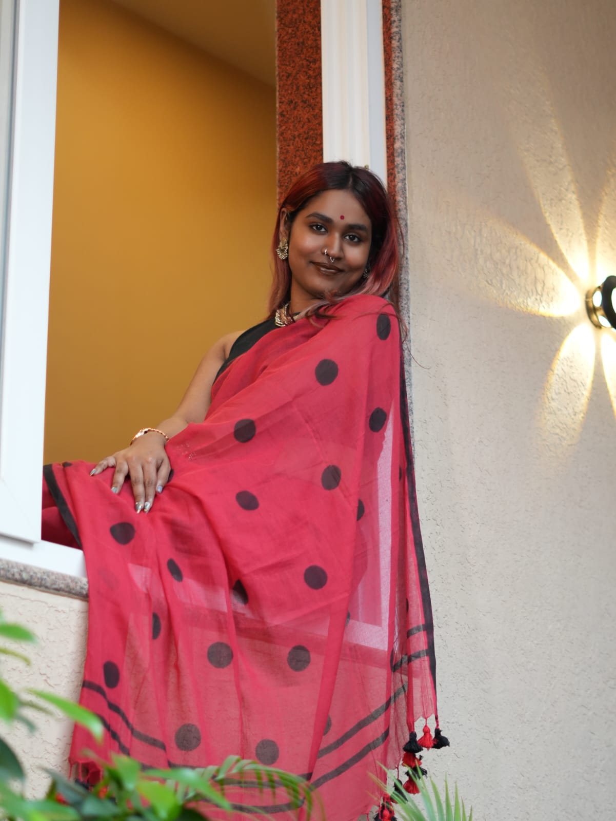 Laal Noor Polka Mulmul Saree