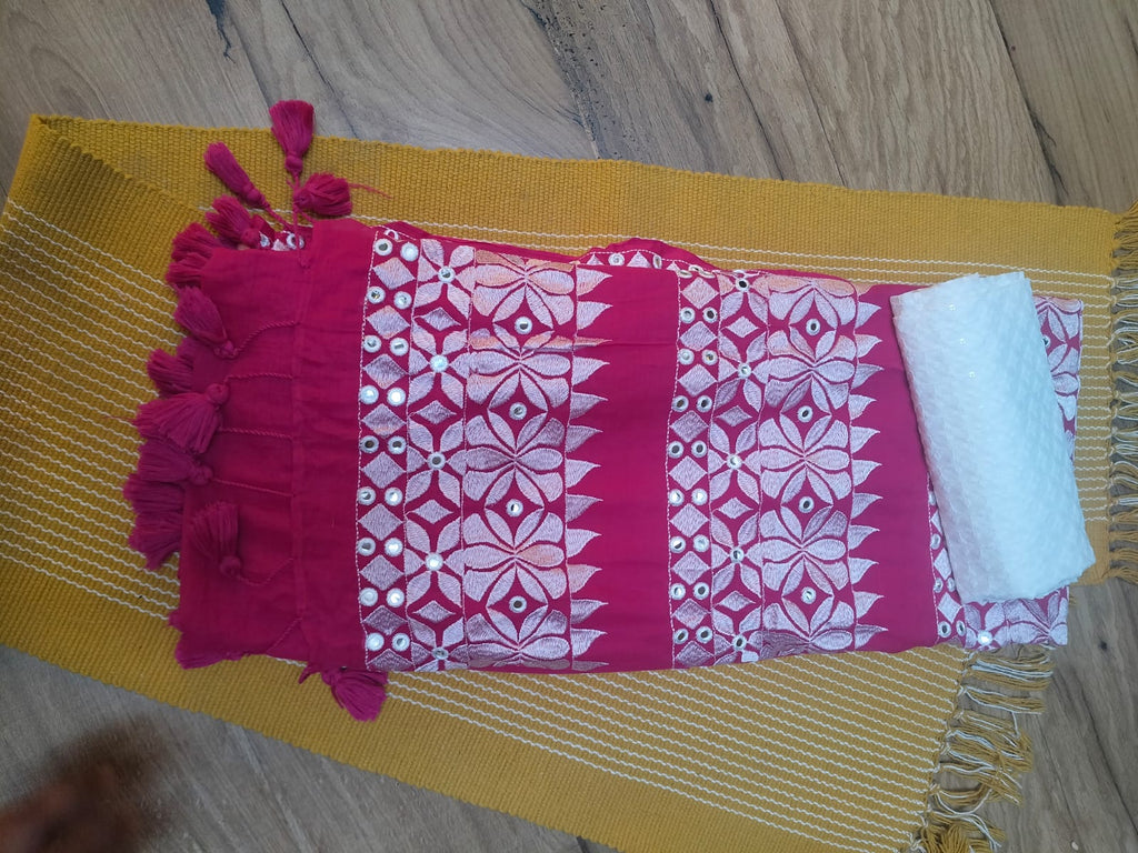 Mulmul Saree with Gujarati Mirror-Inspired Embroidery in Pink