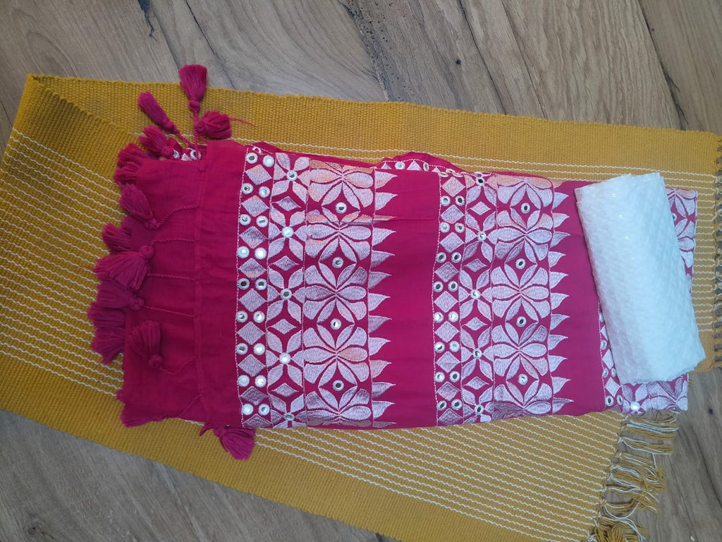 Mulmul Saree with Gujarati Mirror-Inspired Embroidery in Pink