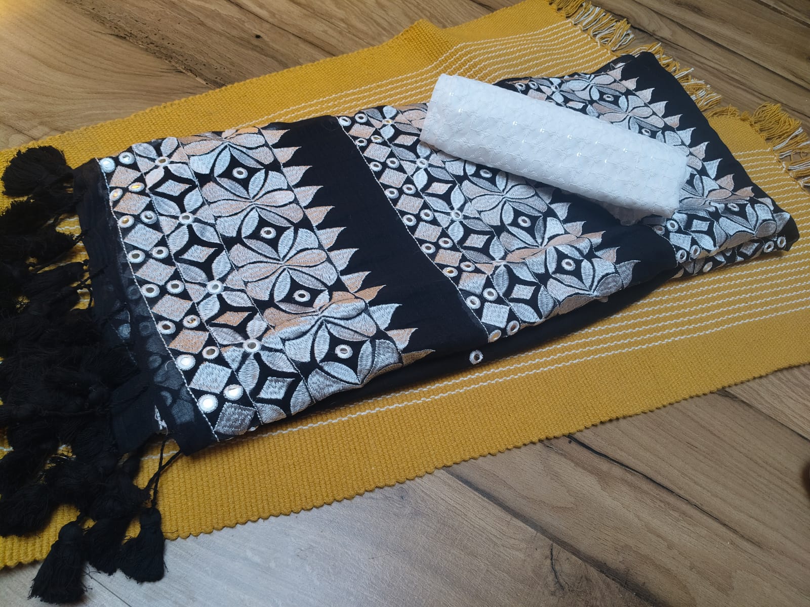 Mulmul Saree with Gujarati Mirror-Inspired Embroidery in Black