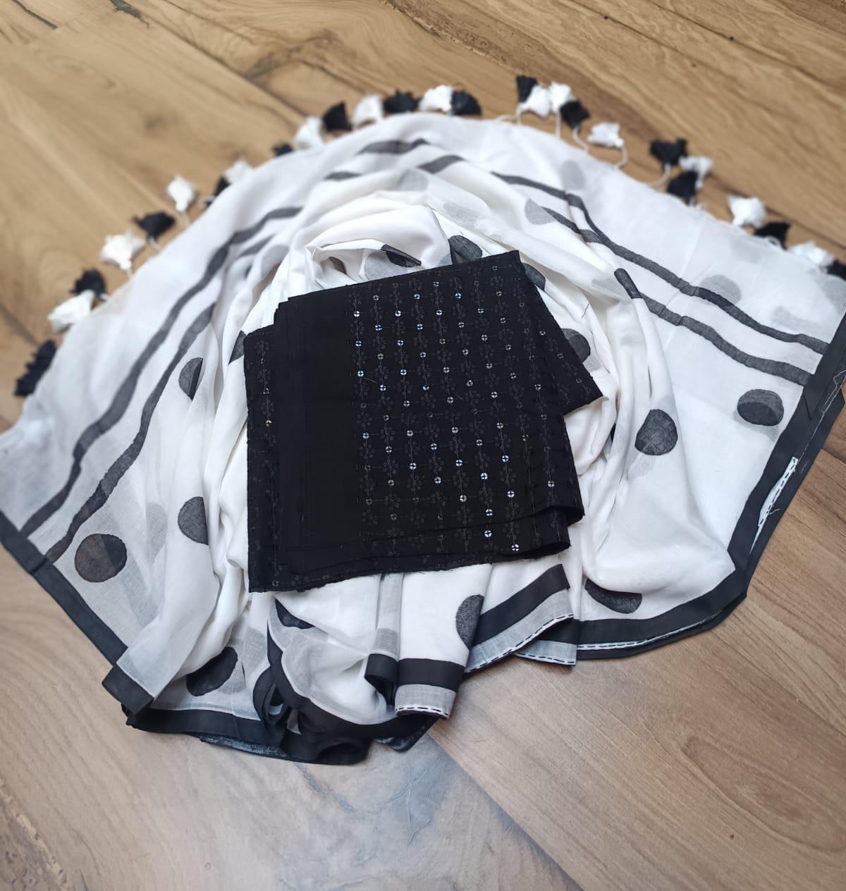 Noir Dots Handloom Mulmul Saree