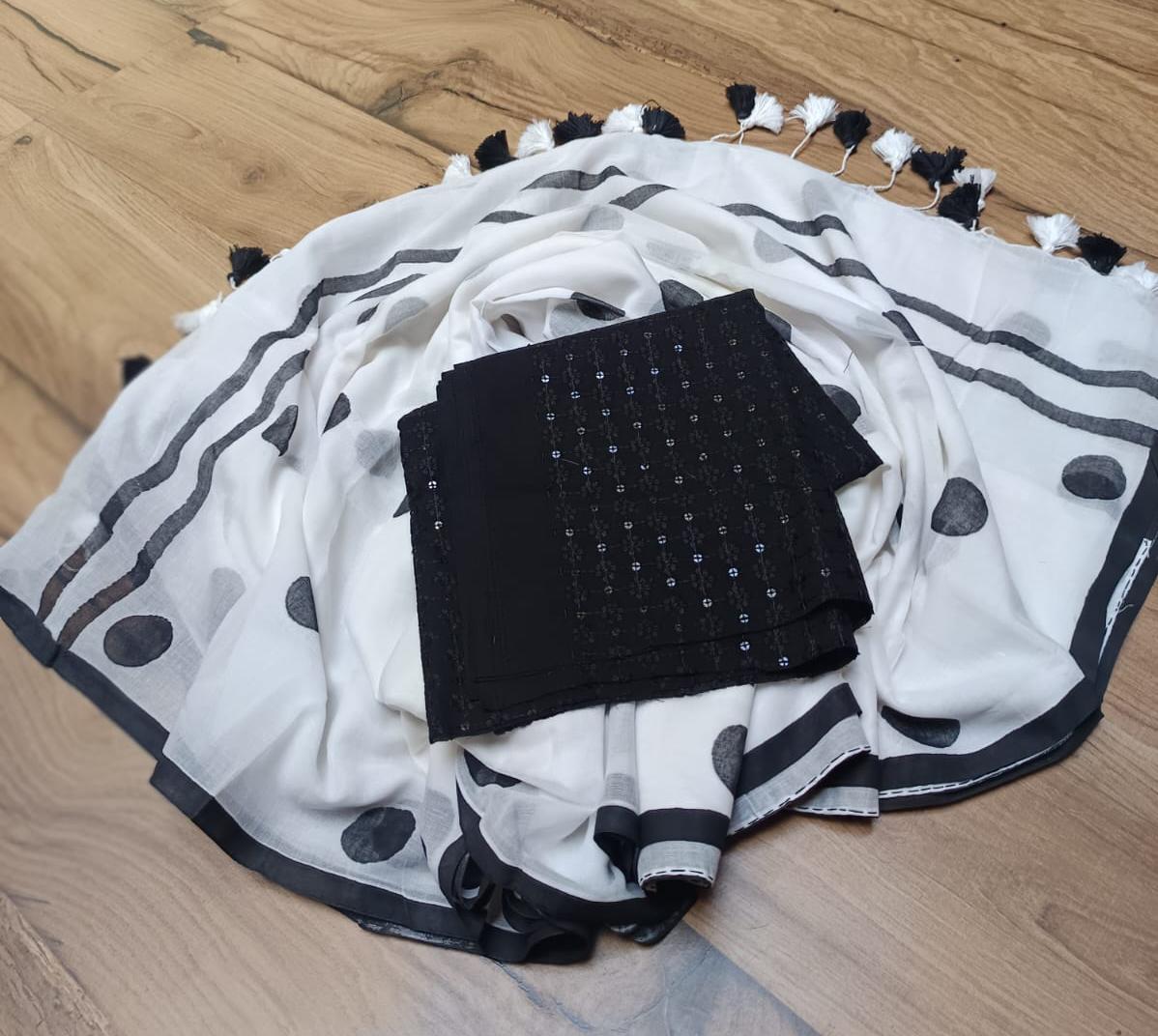 Noir Dots Handloom Mulmul Saree