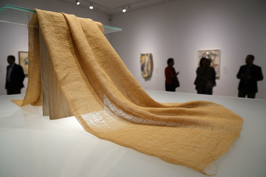 generate the image of Tussar silk fabric piece that is visible in the exbition